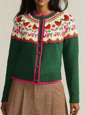 2X Lands End Lofty Birdseye Green and Pink Fair Isle chunky button up cardigan.